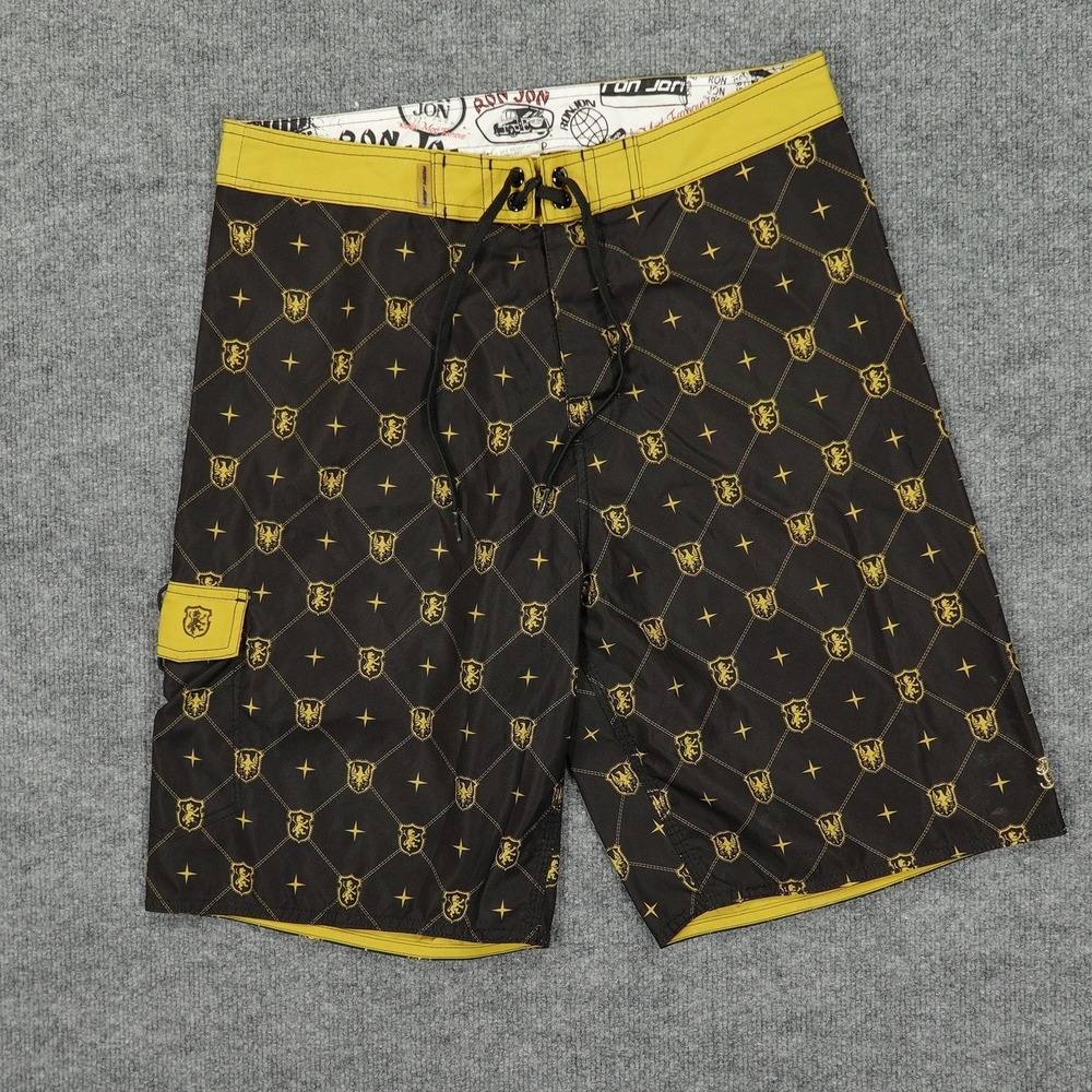 Ron Jon Surf Shop Board Shorts Mens 31 Black Gold Heraldic Crest Cargo Pocket